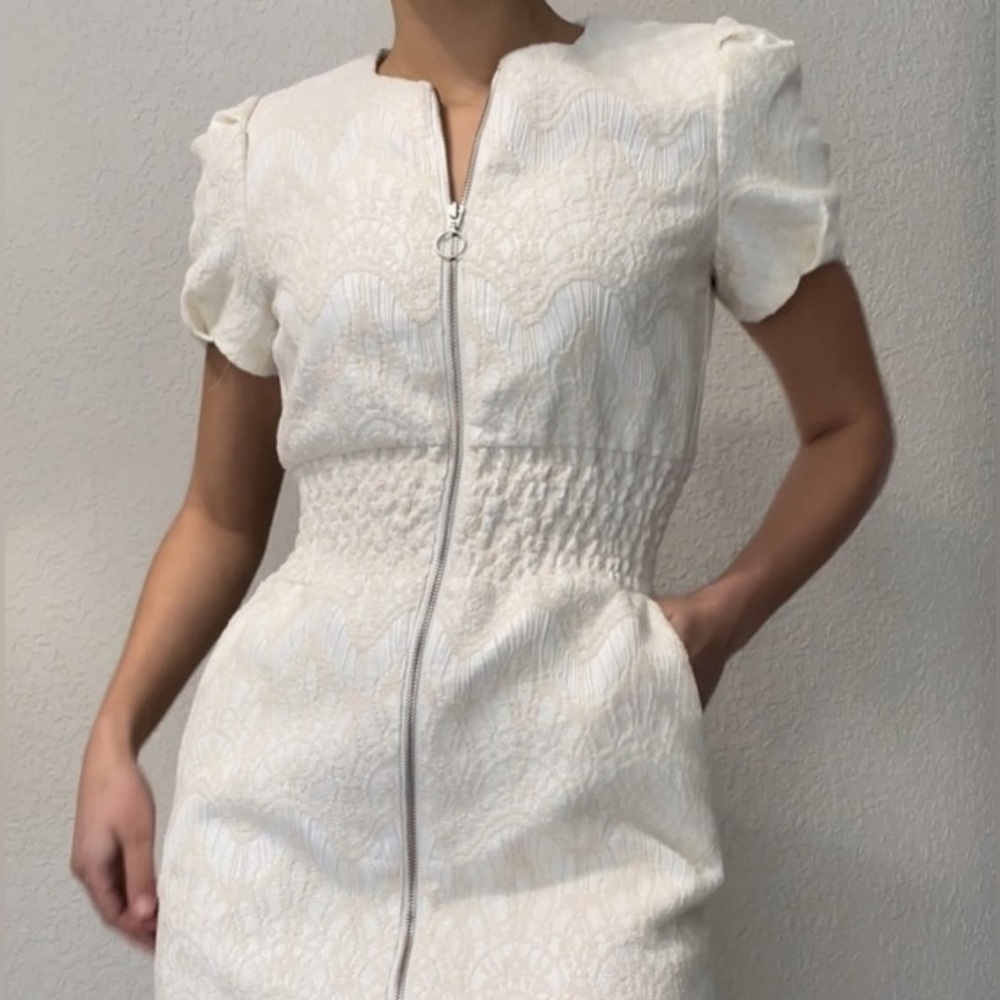 Maje Roxa Jacquard Mini Dress Zip Front Short Sleeve Gathered Waist Party Chic